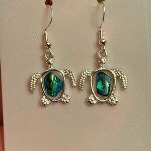 Silver Turtle Earrings with Blue Accents